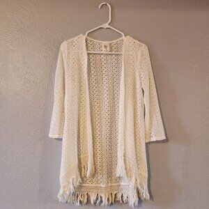 Self-Esteem Size Small White Crochet Loose Knit Open Cardigan With Fringe
